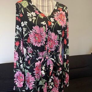 Draper James Black and Pink Floral Long Sleeve Tie Waist Tier Midi Dress